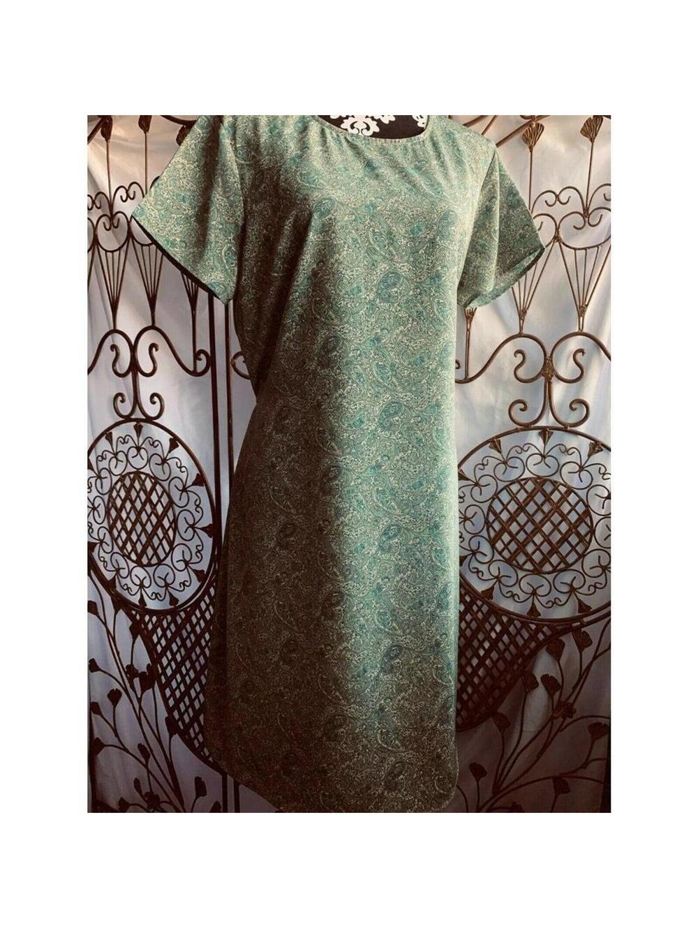 Hillard & Hanson Womens Green Paisley Shift Dress Short Sleeve Tie Back Size‎ 16